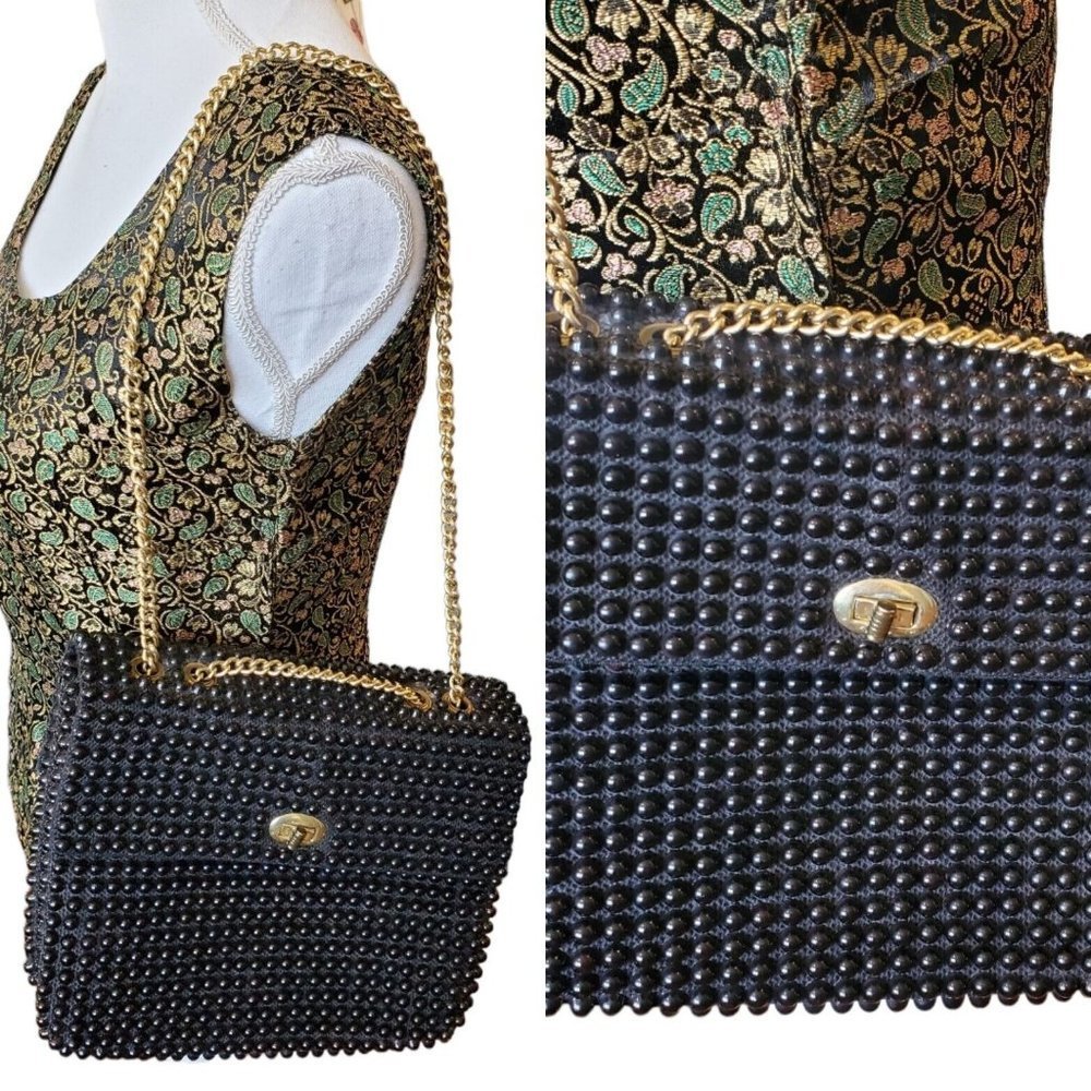Vintage 60s‎ Mod Black Beaded Gold Chain Purse Twist Lock